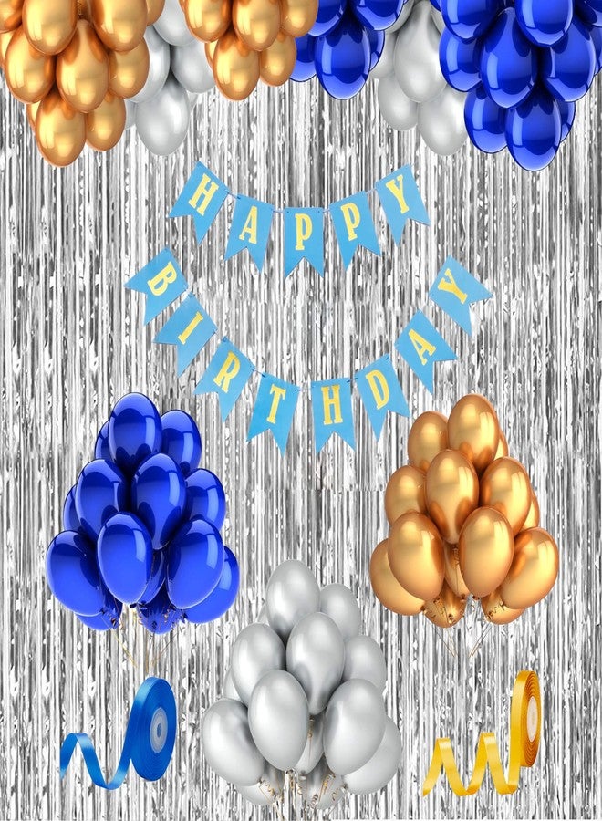 Flyloons Blue Gold Silver Theme Happy Birthday Decorations for Boys Husband,41pcs Birthday Decoration items for Birthday Party, Silver Foil Curtain, Balloons, Curling Birthday Decoration kit Combo - Image 1